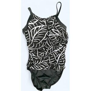 Trimshaper Ruched Swimsuit 10 Black White Tropical Print Cruise Beach Wear 1 PC